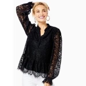 Lilly Pulitzer Jacelynne Lace Peplum Scallop Hem Ruffle Long Sheer Sleeve Top XS